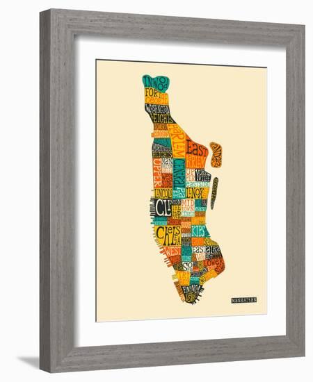 Manhattan Typographic Map-Jazzberry Blue-Framed Art Print