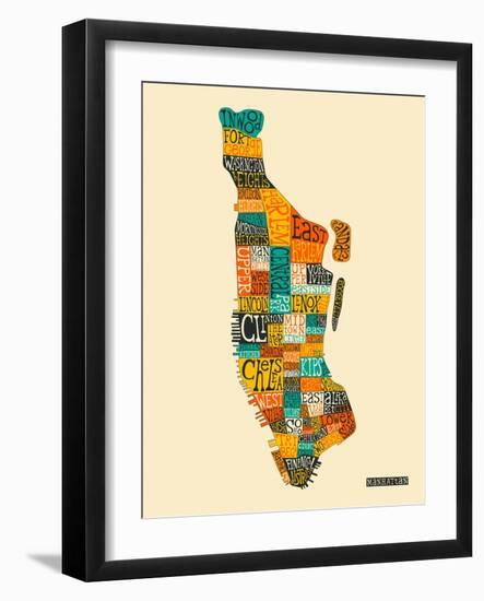 Manhattan Typographic Map-Jazzberry Blue-Framed Art Print