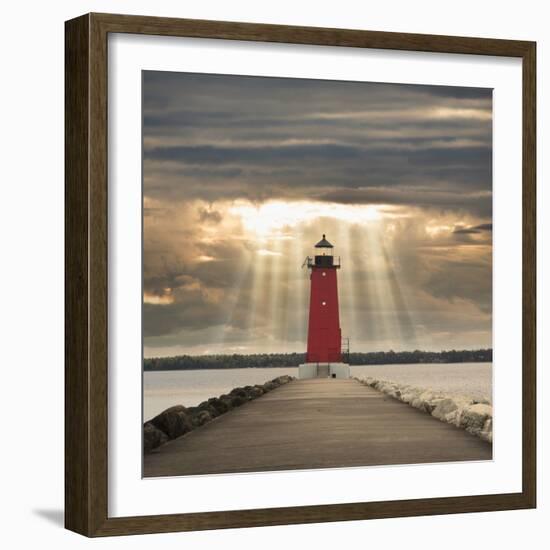 Manistique Lighthouse and Sunbeams, Manistique, Michigan '14-Monte Nagler-Framed Premium Photographic Print
