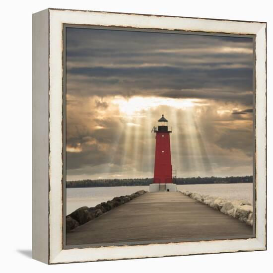 Manistique Lighthouse and Sunbeams, Manistique, Michigan '14-Monte Nagler-Framed Stretched Canvas