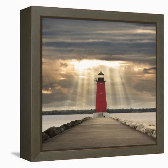 Manistique Lighthouse and Sunbeams, Manistique, Michigan '14-Monte Nagler-Framed Stretched Canvas