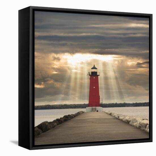 Manistique Lighthouse and Sunbeams, Manistique, Michigan '14-Monte Nagler-Framed Stretched Canvas