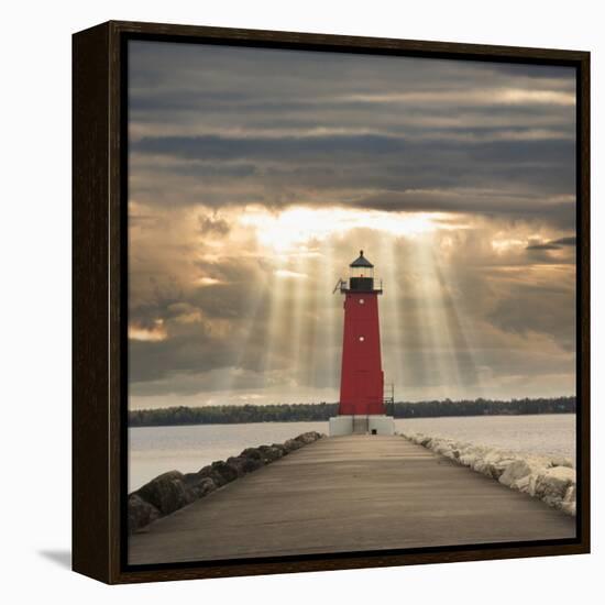 Manistique Lighthouse and Sunbeams, Manistique, Michigan '14-Monte Nagler-Framed Stretched Canvas