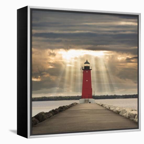 Manistique Lighthouse and Sunbeams, Manistique, Michigan '14-Monte Nagler-Framed Stretched Canvas