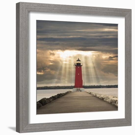 Manistique Lighthouse and Sunbeams, Manistique, Michigan '14-Monte Nagler-Framed Photographic Print