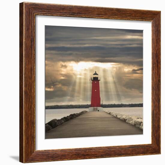 Manistique Lighthouse and Sunbeams, Manistique, Michigan '14-Monte Nagler-Framed Photographic Print