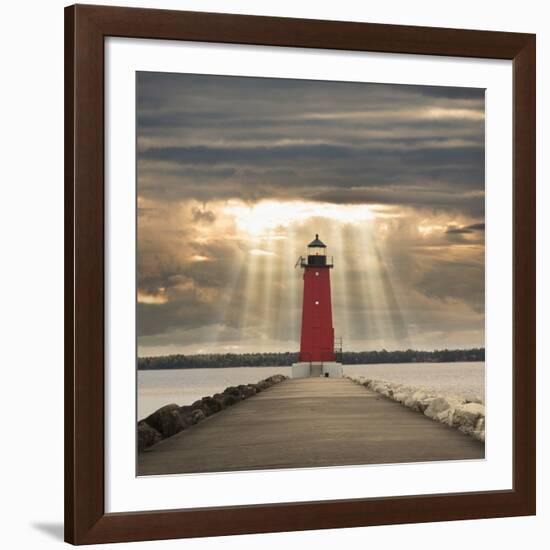 Manistique Lighthouse and Sunbeams, Manistique, Michigan '14-Monte Nagler-Framed Giclee Print