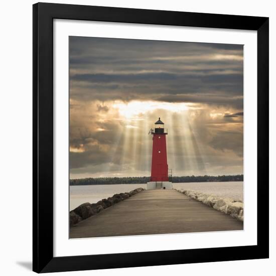 Manistique Lighthouse and Sunbeams, Manistique, Michigan '14-Monte Nagler-Framed Giclee Print