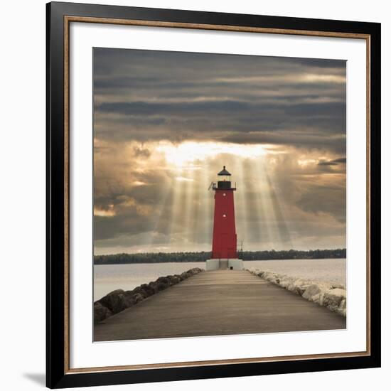 Manistique Lighthouse and Sunbeams, Manistique, Michigan '14-Monte Nagler-Framed Giclee Print