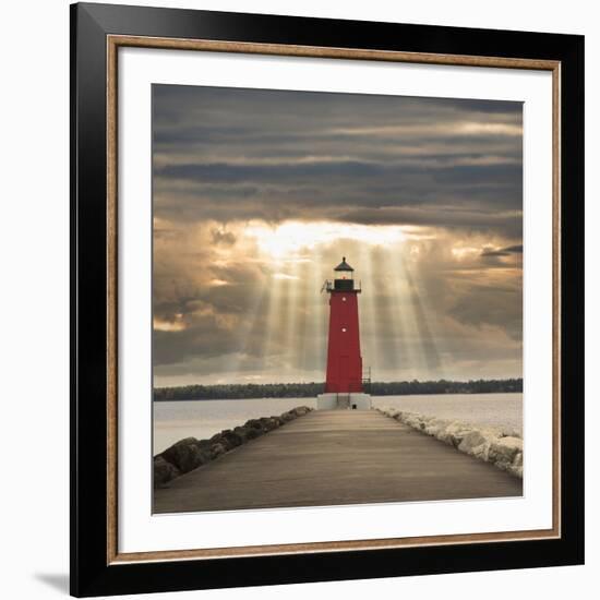 Manistique Lighthouse and Sunbeams, Manistique, Michigan '14-Monte Nagler-Framed Giclee Print