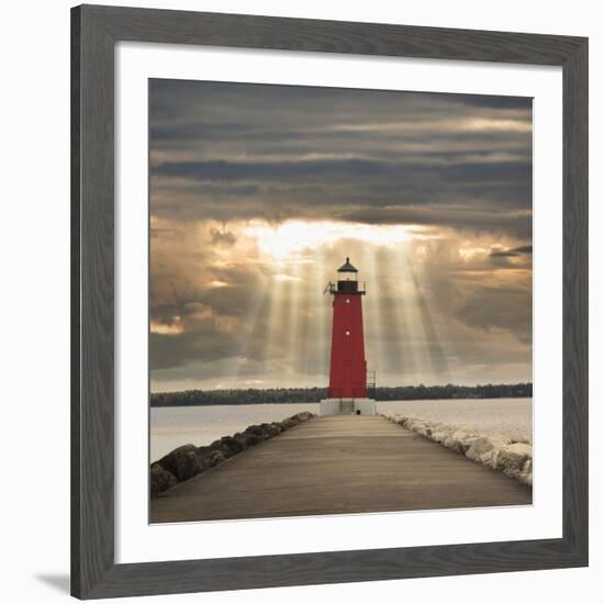 Manistique Lighthouse and Sunbeams, Manistique, Michigan '14-Monte Nagler-Framed Giclee Print