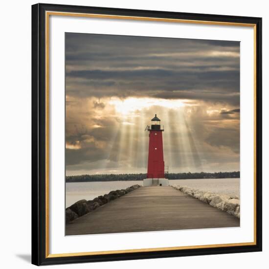 Manistique Lighthouse and Sunbeams, Manistique, Michigan '14-Monte Nagler-Framed Giclee Print