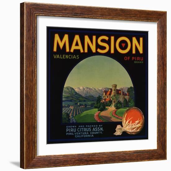 Mansion Brand - Piru, California - Citrus Crate Label-Lantern Press-Framed Art Print