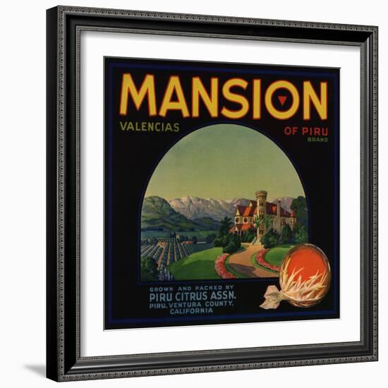 Mansion Brand - Piru, California - Citrus Crate Label-Lantern Press-Framed Art Print