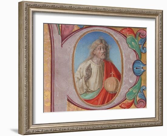 Manuscript Illumination with Salvator Mundi in an Initial P, from a Choir Book-Italian School-Framed Giclee Print