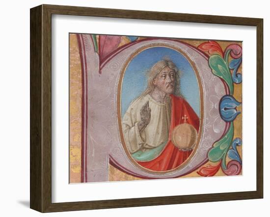 Manuscript Illumination with Salvator Mundi in an Initial P, from a Choir Book-Italian School-Framed Giclee Print