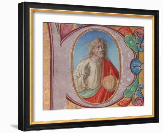 Manuscript Illumination with Salvator Mundi in an Initial P, from a Choir Book-Italian School-Framed Giclee Print