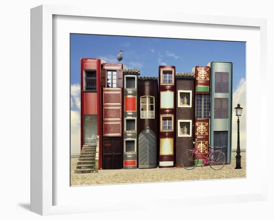 Many Books with Windows Doors Lamps in a External Background with Blue Light Sky-Valentina Photos-Framed Art Print