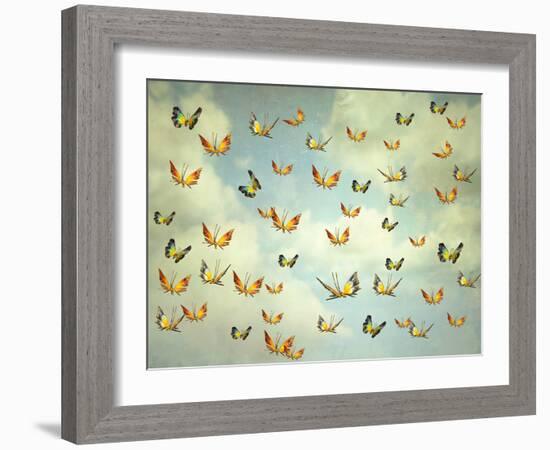 Many Colorful Butterflies Flying into the Sky, Illustrative Photo and Artistic-Valentina Photos-Framed Photographic Print