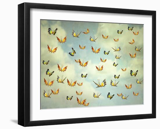Many Colorful Butterflies Flying into the Sky, Illustrative Photo and Artistic-Valentina Photos-Framed Photographic Print