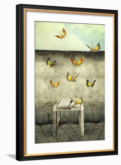 Many Colorful Butterflies Flying into the Sky with a Peeling Wall and a Bench, Illustrative Photo A-Valentina Photos-Framed Photographic Print