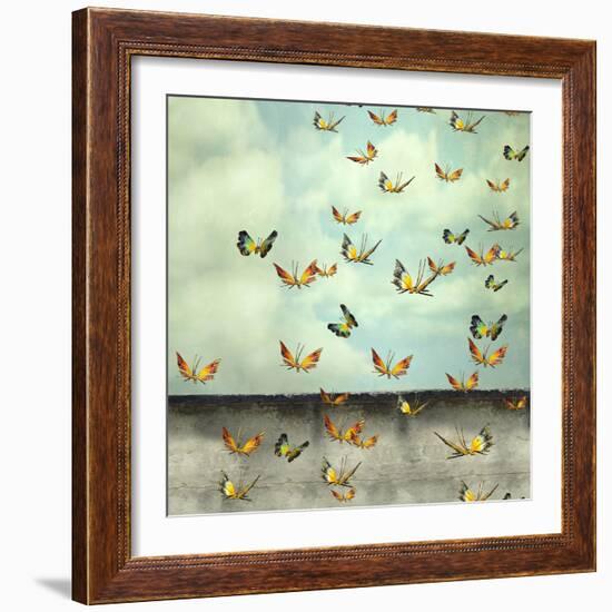 Many Colorful Butterflies Flying into the Sky with a Peeling Wall, Illustrative Photo and Artistic-Valentina Photos-Framed Photographic Print