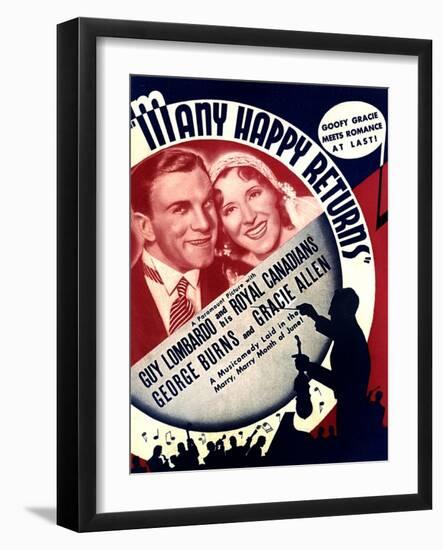 MANY HAPPY RETURNS, US ad art, from left: George Burns, Gracie Allen, Guy Lombardo, 1934-null-Framed Art Print