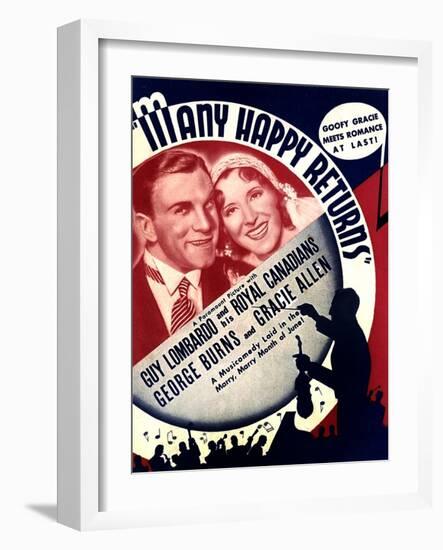 MANY HAPPY RETURNS, US ad art, from left: George Burns, Gracie Allen, Guy Lombardo, 1934-null-Framed Art Print