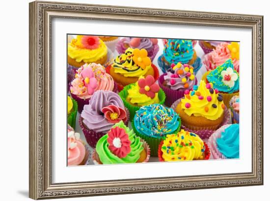 Many Sweet Birthday Cupcakes With Flowers And Butter Cream-Ivonnewierink-Framed Art Print