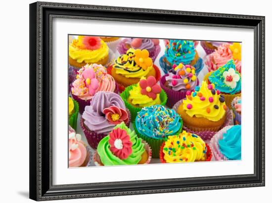 Many Sweet Birthday Cupcakes With Flowers And Butter Cream-Ivonnewierink-Framed Art Print