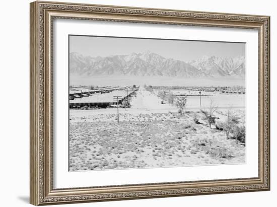 Manzanar from Guard Tower, View West (Sierra Nevada in Background),-Ansel Adams-Framed Art Print