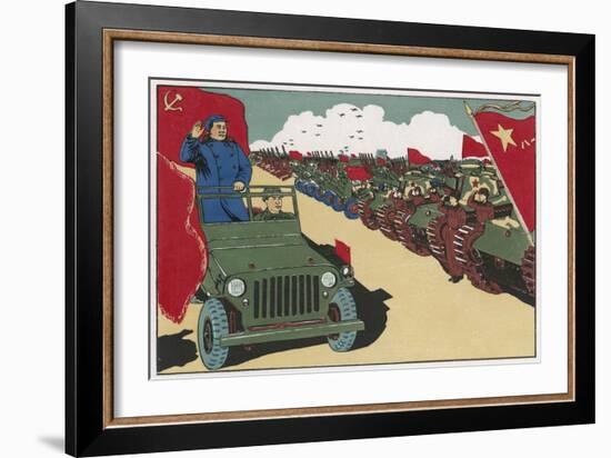 Mao Reviews His Army, The Line up in Tanks as He Drives Past and Salutes-null-Framed Art Print