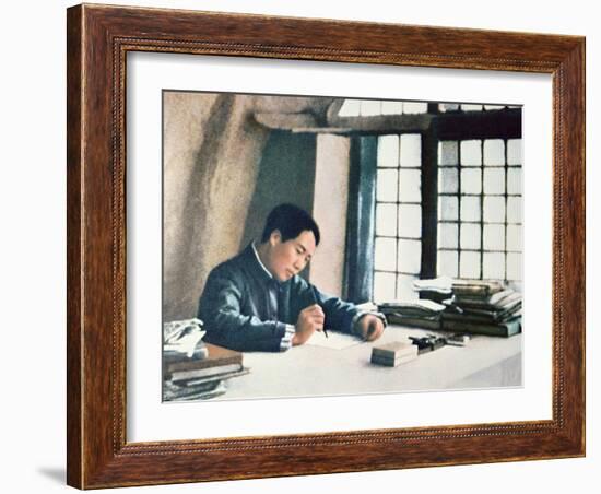 Mao Zedong Writing His 'On Protracted War' in a Cave-Dwelling in Yenan, 1938-Chinese Photographer-Framed Photographic Print