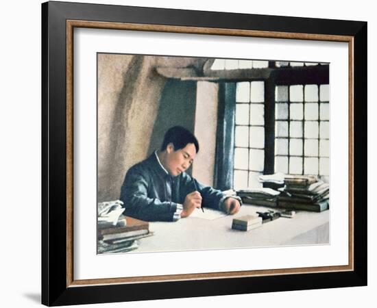 Mao Zedong Writing His 'On Protracted War' in a Cave-Dwelling in Yenan, 1938-Chinese Photographer-Framed Photographic Print