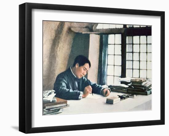 Mao Zedong Writing His 'On Protracted War' in a Cave-Dwelling in Yenan, 1938-Chinese Photographer-Framed Photographic Print