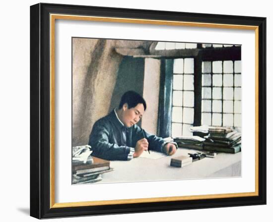 Mao Zedong Writing His 'On Protracted War' in a Cave-Dwelling in Yenan, 1938-Chinese Photographer-Framed Photographic Print