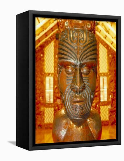 Maori Statue with 'Moko' Facial Tattoo, New Zealand-Jeremy Bright-Framed Premier Image Canvas