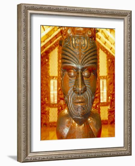 Maori Statue with 'Moko' Facial Tattoo, New Zealand-Jeremy Bright-Framed Photographic Print