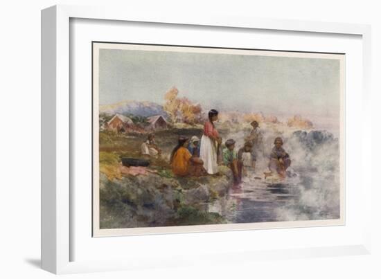 Maori Women Washing Laundry in the Hot Spring at Ohinemutu New Zealand-W. Wright-Framed Art Print