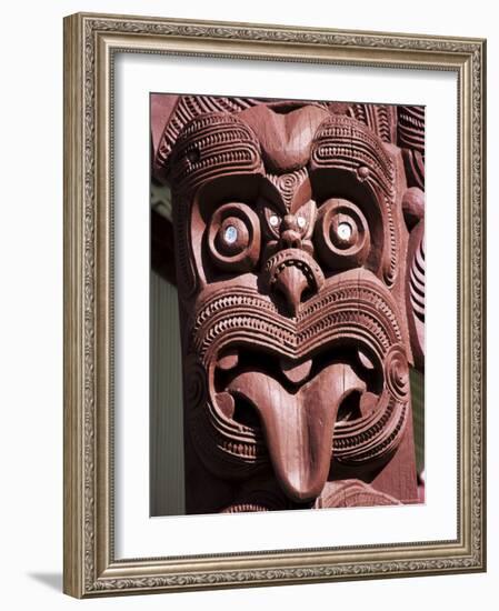 Maori Wooden Carving with Tongue Sticking Out, Rotorua, North Island, New Zealand-D H Webster-Framed Photographic Print