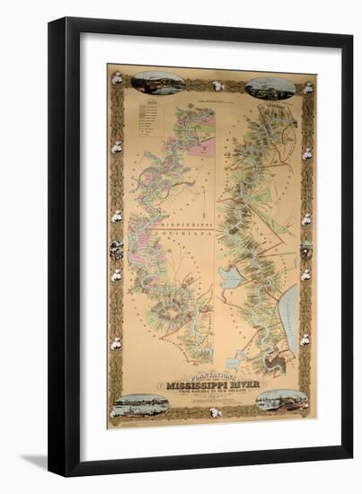 Map Depicting Plantations on the Mississippi River from Natchez to New Orleans, 1858-null-Framed Giclee Print