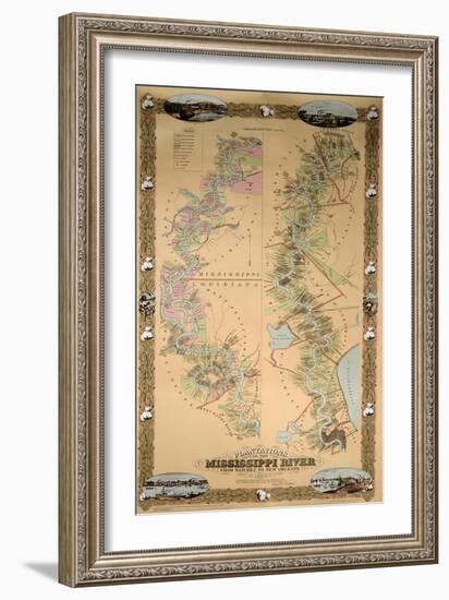 Map Depicting Plantations on the Mississippi River from Natchez to New Orleans, 1858-null-Framed Premium Giclee Print