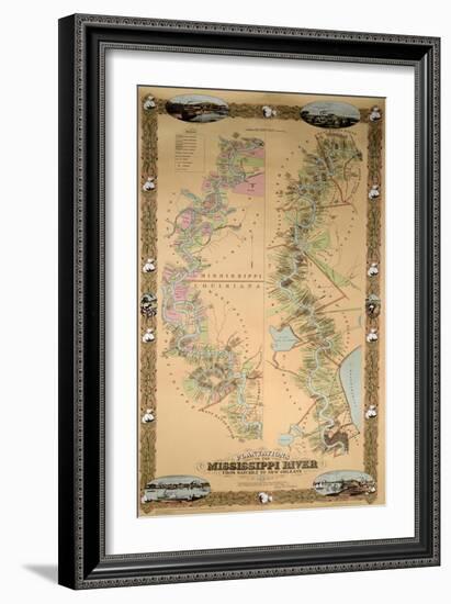Map Depicting Plantations on the Mississippi River from Natchez to New Orleans, 1858-null-Framed Premium Giclee Print