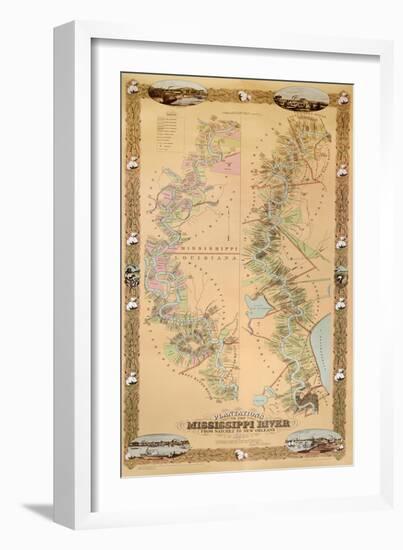 Map Depicting Plantations on the Mississippi River from Natchez to New Orleans, 1858-null-Framed Giclee Print