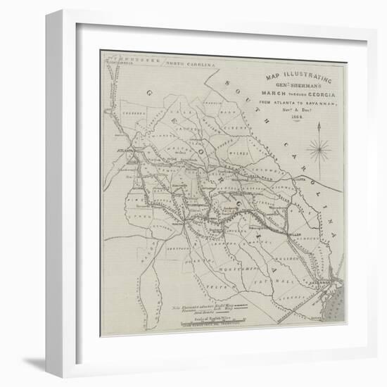 Map Illustrating General Sherman's March Through Georgia from Atlanta to Savannah-John Dower-Framed Premium Giclee Print