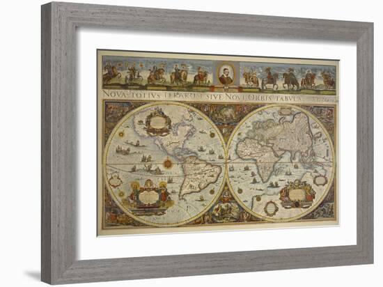 Map in Two Hemispheres with Portrait of Pope Innocent XI, 1676-Erdkarte-Framed Giclee Print