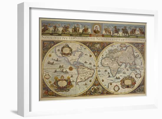 Map in Two Hemispheres with Portrait of Pope Innocent XI, 1676-Erdkarte-Framed Giclee Print