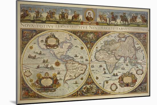 Map in Two Hemispheres with Portrait of Pope Innocent XI, 1676-Erdkarte-Mounted Giclee Print