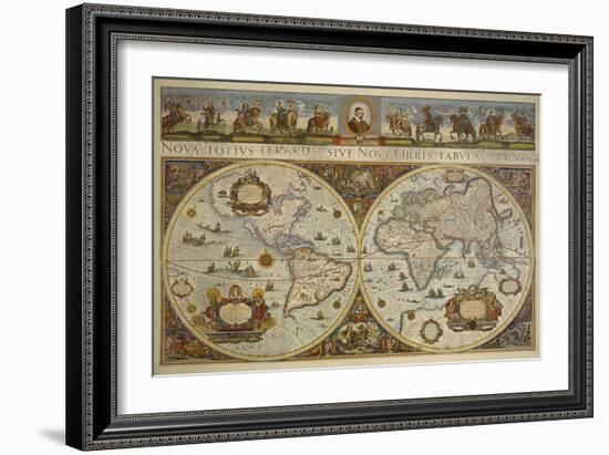 Map in Two Hemispheres with Portrait of Pope Innocent XI, 1676-Erdkarte-Framed Giclee Print