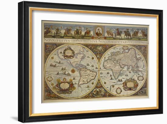 Map in Two Hemispheres with Portrait of Pope Innocent XI, 1676-Erdkarte-Framed Giclee Print